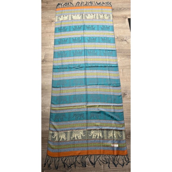 Elephant Scarf Shawl Wrap Fringe Tassel Blue Green Teal Gold Boho City Hippy New - Picture 2 of 2